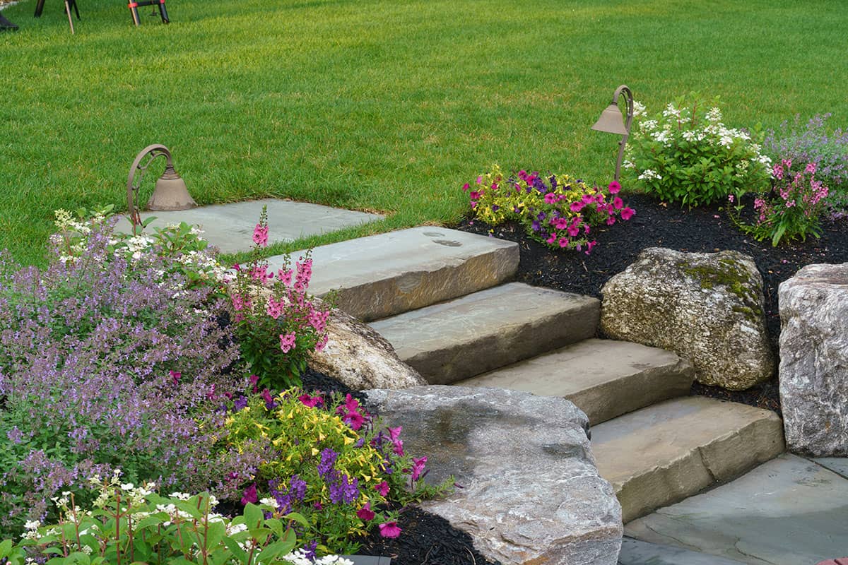 Stone steps with landscape lighting